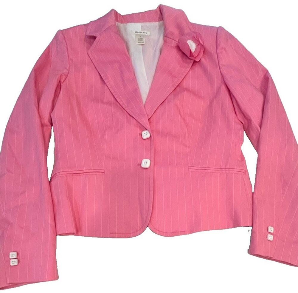 Vtg Harold’s Pink Pinstripe Fitted Cotton Blazer Flower Lapel 90s Preppy Sz 12